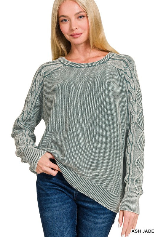 Stone washed Cable Knit Crewneck Long Sleeve Sweater in Ash Jade