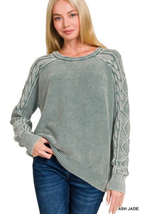 Stone washed Cable Knit Crewneck Long Sleeve Sweater in Ash Jade