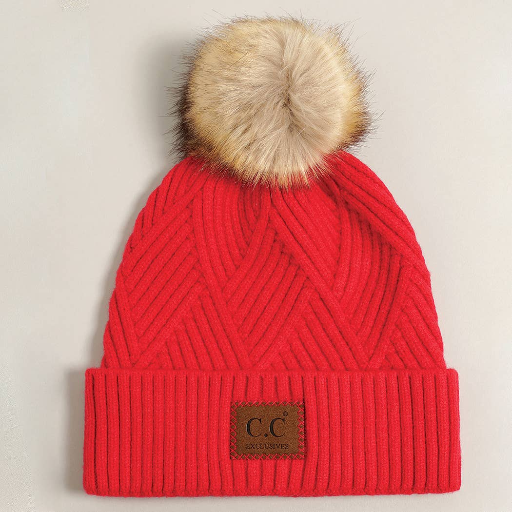 Heather Cuff Beanie with Pom-Pom: RED