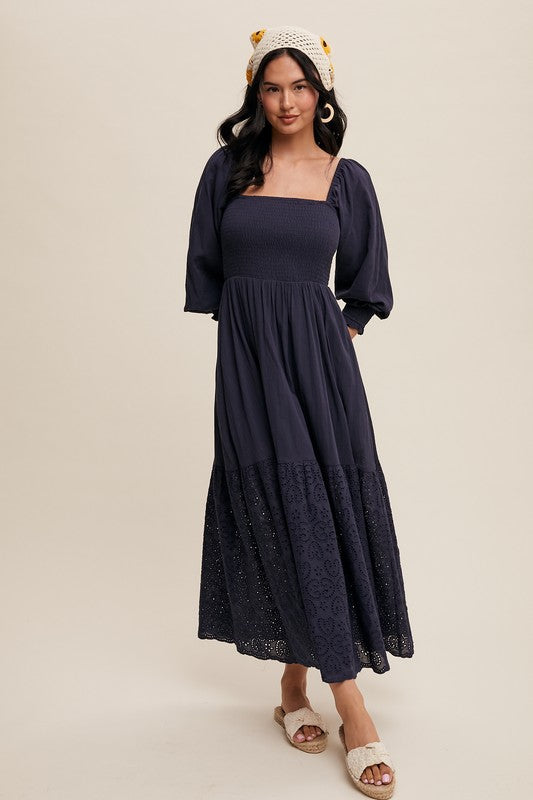 Navy sqaure neck smocked midi dress