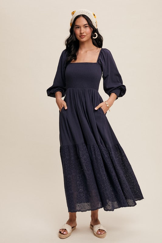 Navy sqaure neck smocked midi dress