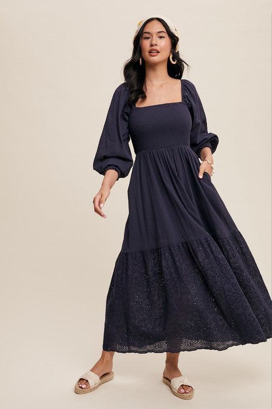 Navy sqaure neck smocked midi dress