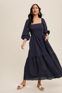 Navy sqaure neck smocked midi dress