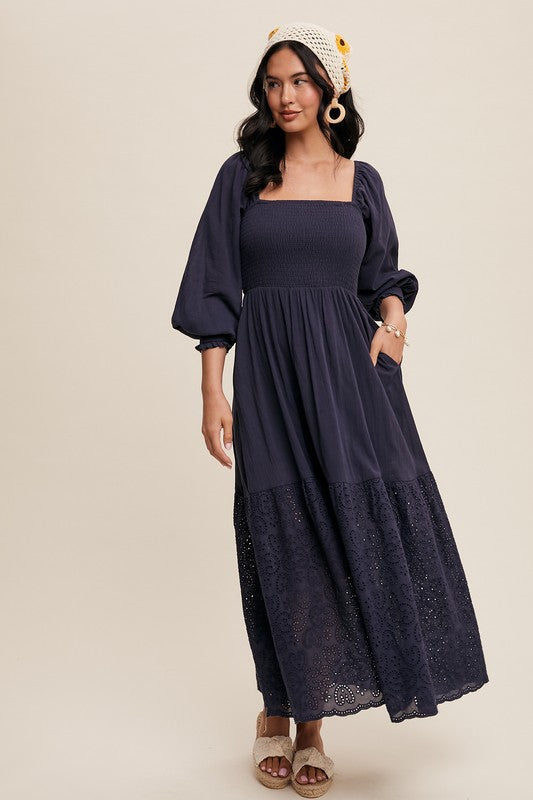 Navy sqaure neck smocked midi dress