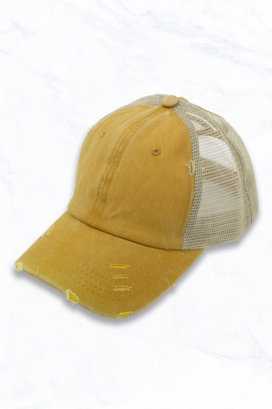 Distressed Mustard High Pony Tail baseball cap