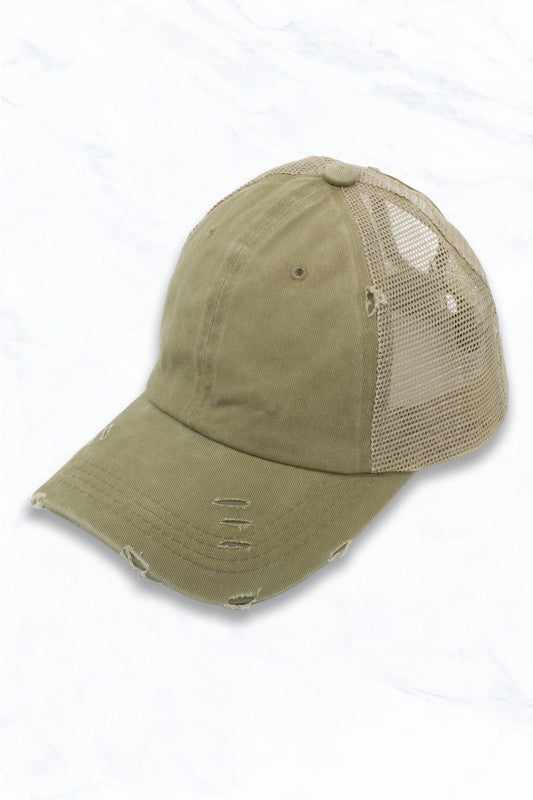 Distressed Olive High Pony Tail baseball cap