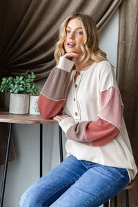 URBAN RIBBED SOLID COLOR BLOCK LONG SLEEVE TOP: SAND