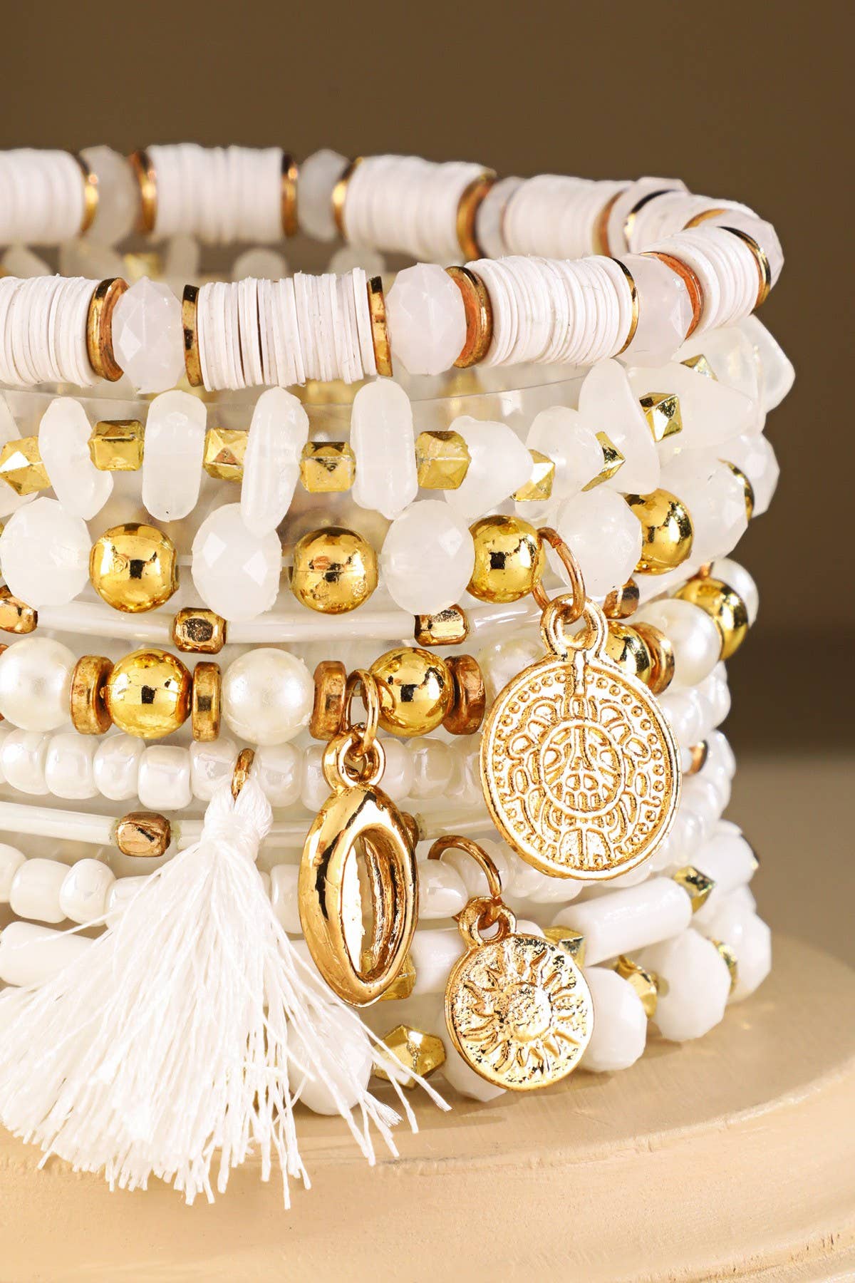 10 Layered Boho Stretch Bracelet with Tassel: White Sands