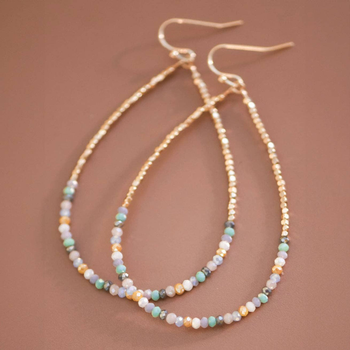 Teardrop Wire Beaded Earrings with Glass Crystals -