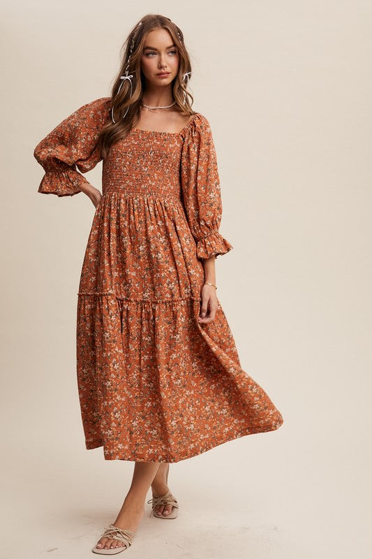 Floral Print sqaure neck smocked midi dress