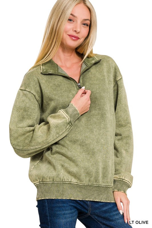 Acid Washed Half Zip Fleece Long Sleeve Sweater in Lt. Olive