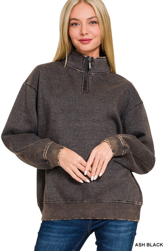 Acid Washed Half Zip Fleece Long Sleeve Sweater in Ash Black