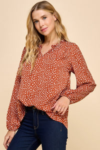 Rust Long Sleeve V Neck Blouse