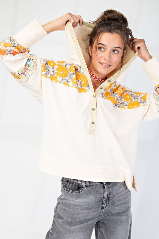 Boho Floral Patch Block long sleeve hoodie by Easel