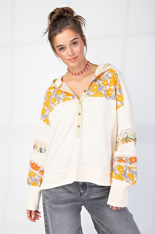 Boho Floral Patch Block long sleeve hoodie by Easel