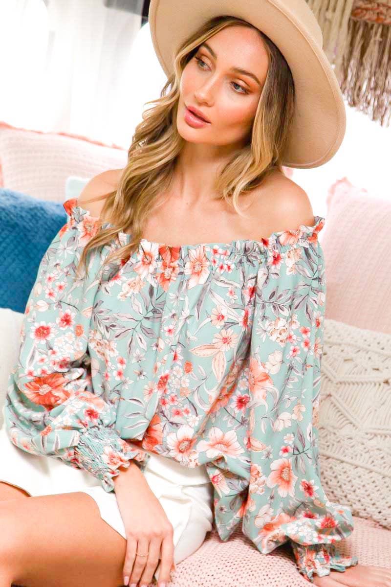 Off The Shoulder Floral Stripe Printed Woven Blouse : Mint