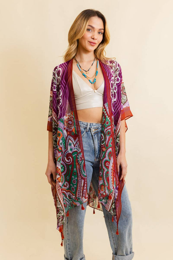 Paisley Print Open Front Kimono w/ Cinched Arms: Maroon * on sale**