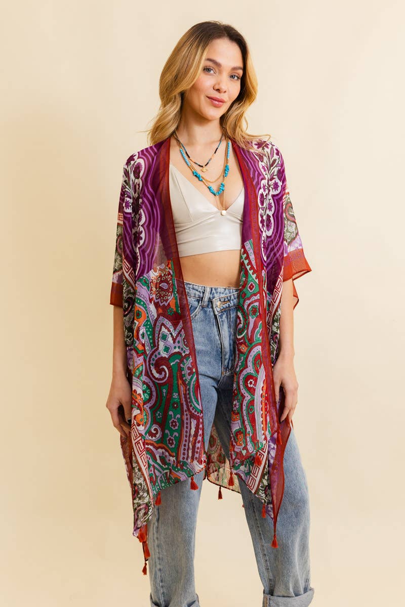 Paisley Print Open Front Kimono w/ Cinched Arms: Maroon