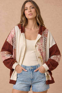 Floral Patchwork Mixed Knit Hoodie Jacket: OATMEAL/RUST