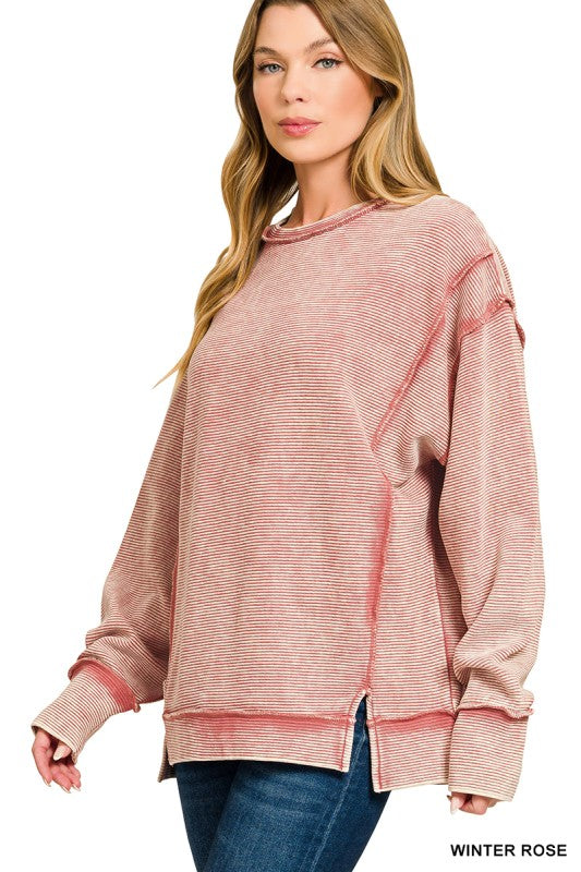 Acid Washed Exposed Seam Long Sleeve Sweater in Winter Rose
