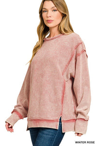 Acid Washed Exposed Seam Long Sleeve Sweater in Winter Rose