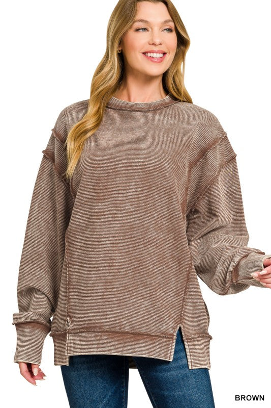 Acid Washed Exposed Seam Long Sleeve Sweater in Brown