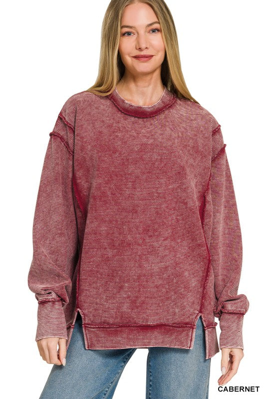 Acid Washed Exposed Seam Long Sleeve Sweater in Cabernet