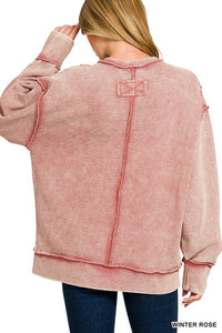 Acid Washed Exposed Seam Long Sleeve Sweater in Winter Rose