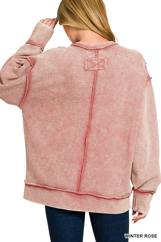Acid Washed Exposed Seam Long Sleeve Sweater in Winter Rose