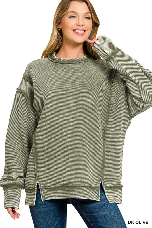 Acid Washed Exposed Seam Long Sleeve Sweater in Olive