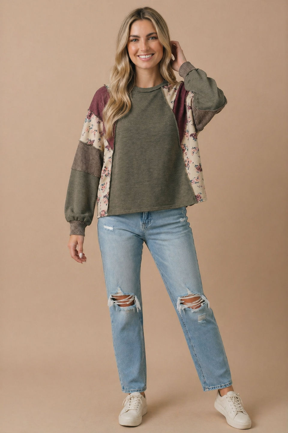 Mixed Media Patchwork Pullover Knit Top: OLIVE