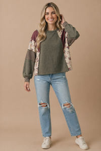 Mixed Media Patchwork Pullover Knit Top: OLIVE