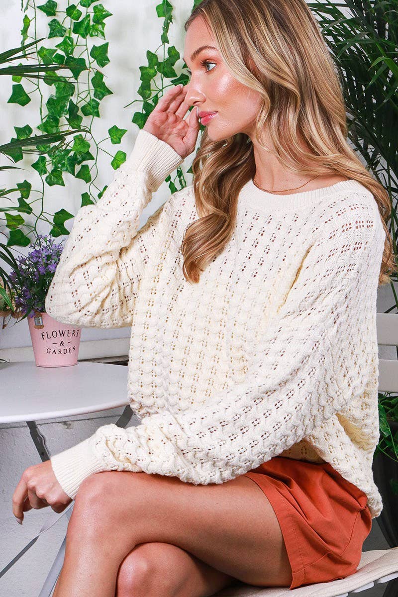 Crew Neck 100%Cotton Textured Crochet Knit Sweater: Cream