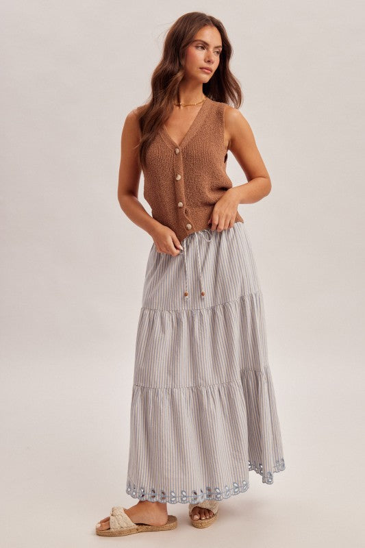 Boho Elastic Tie Waistband Embroidered Hem Skirt