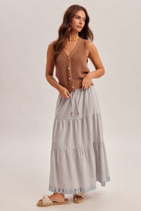 Boho Elastic Tie Waistband Embroidered Hem Skirt