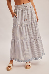 Boho Elastic Tie Waistband Embroidered Hem Skirt