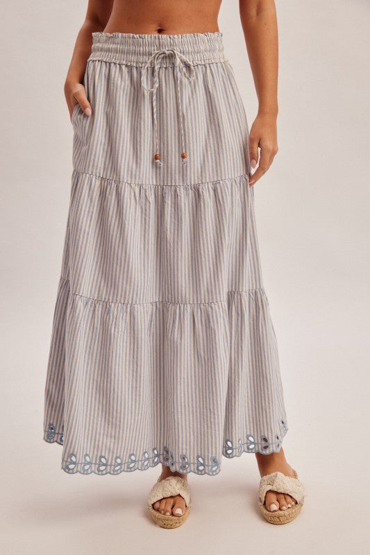 Boho Elastic Tie Waistband Embroidered Hem Skirt