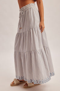 Boho Elastic Tie Waistband Embroidered Hem Skirt