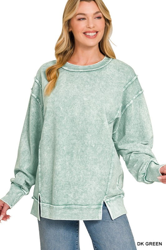 Halo Washed French Terry Exposed Seam Long Sleeve Sweater in Dk. Green