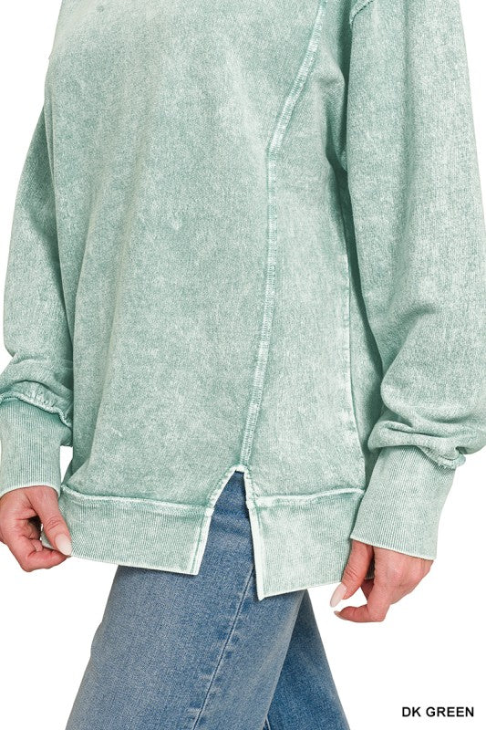 Halo Washed French Terry Exposed Seam Long Sleeve Sweater in Dk. Green