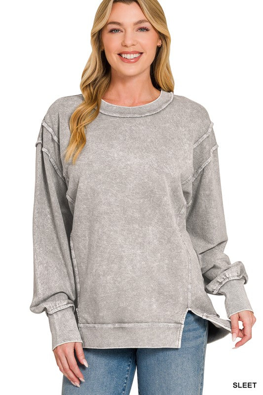 Halo Washed French Terry Exposed Seam Long Sleeve Sweater in Sleet