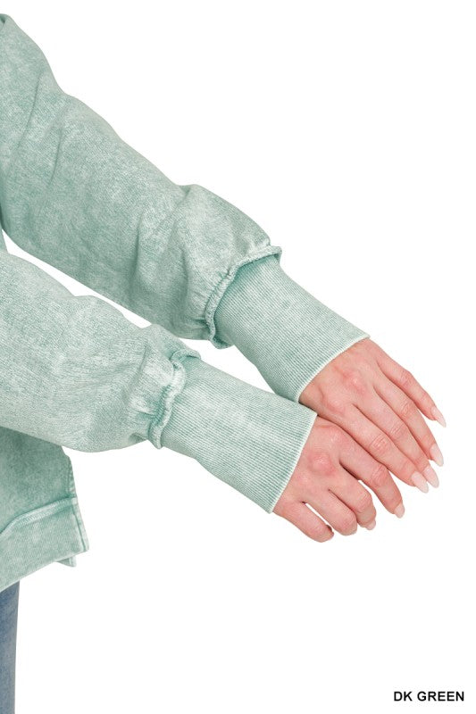 Halo Washed French Terry Exposed Seam Long Sleeve Sweater in Dk. Green