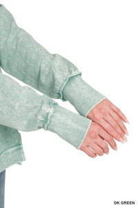 Halo Washed French Terry Exposed Seam Long Sleeve Sweater in Dk. Green