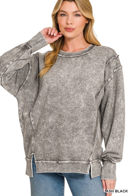 Halo Washed French Terry Exposed Seam Long Sleeve Sweater in Ash Mocha