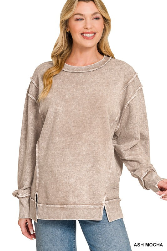 Halo Washed French Terry Exposed Seam Long Sleeve Sweater in Ash Mocha