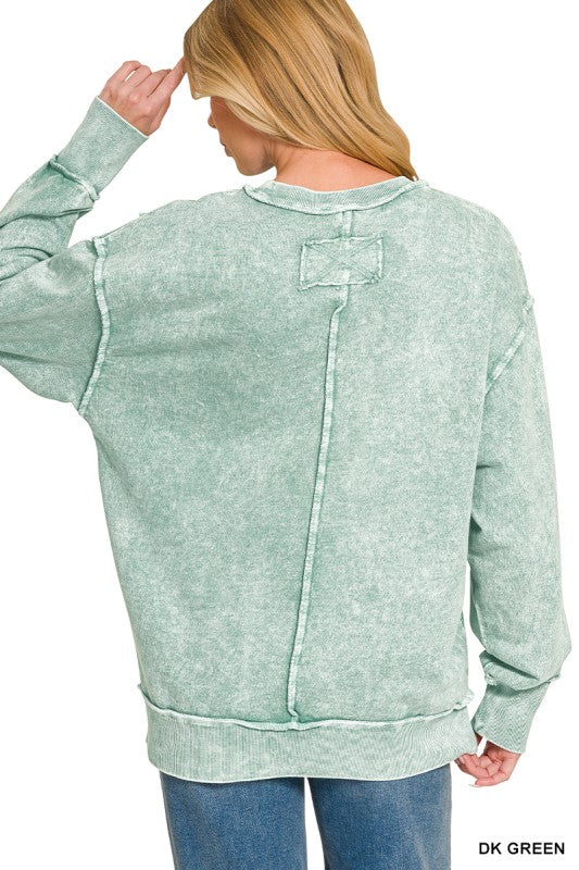 Halo Washed French Terry Exposed Seam Long Sleeve Sweater in Dk. Green