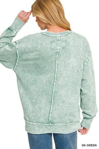 Halo Washed French Terry Exposed Seam Long Sleeve Sweater in Dk. Green