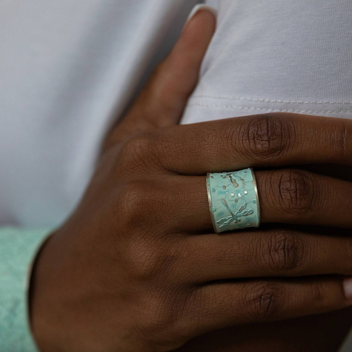 Handcrafted Soft Blue Dragonfly Patina Ring