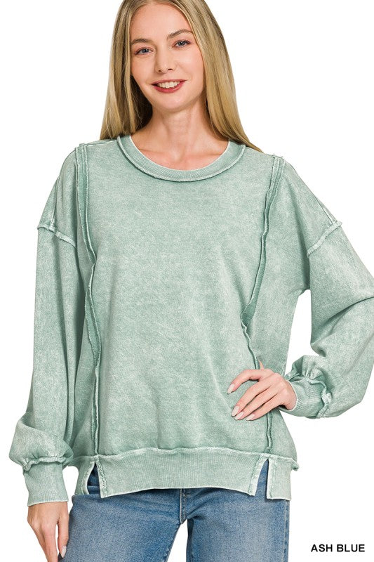 Halo Washed French Terry Exposed Seam Long Sleeve Sweater in Dk. Green