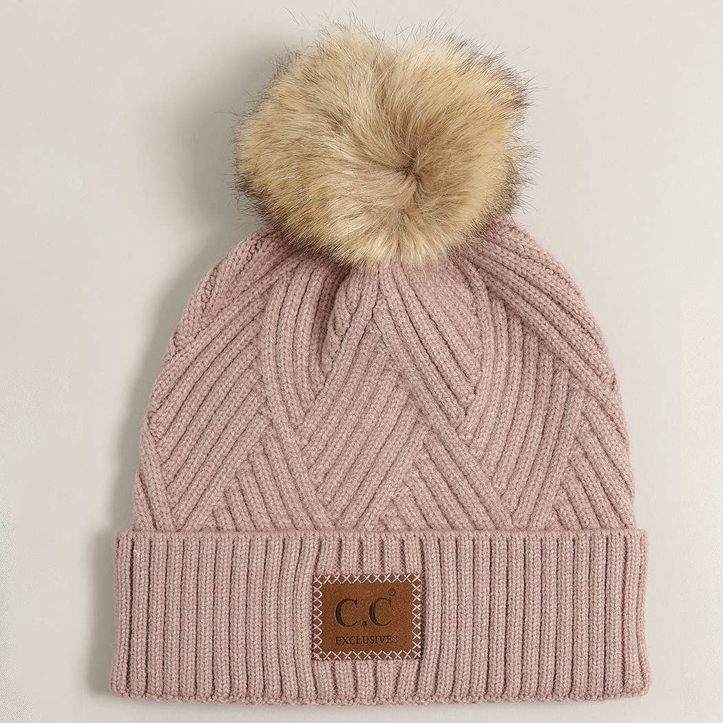 Heather Cuff Beanie with Pom-Pom: MAUVE MIX